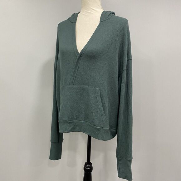 ZYIA Active L Pine Green Slouchy Short Boyfriend Knit Hoodie Lounge Soft Comfy - Picture 3 of 15